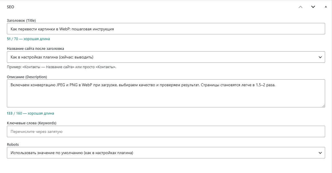 Блок «SEO» в редакторе записи со счётчиками символов