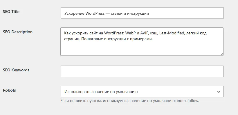 SEO-поля на экране редактирования рубрики