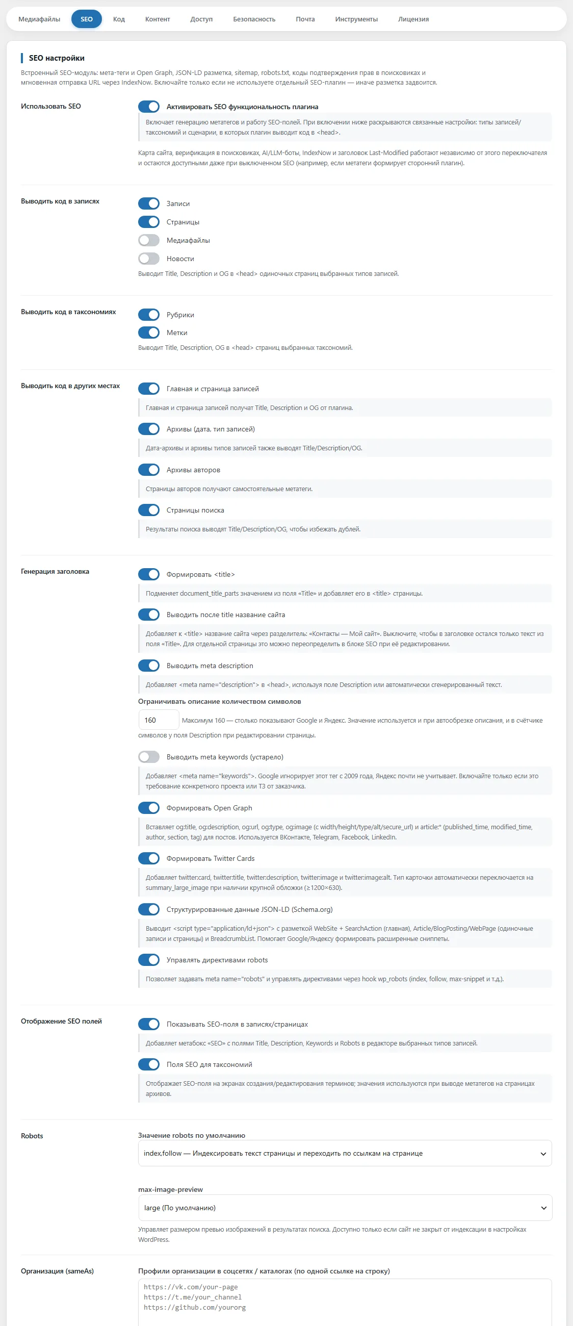 Вкладка «SEO»: главный переключатель и зависящие от него строки